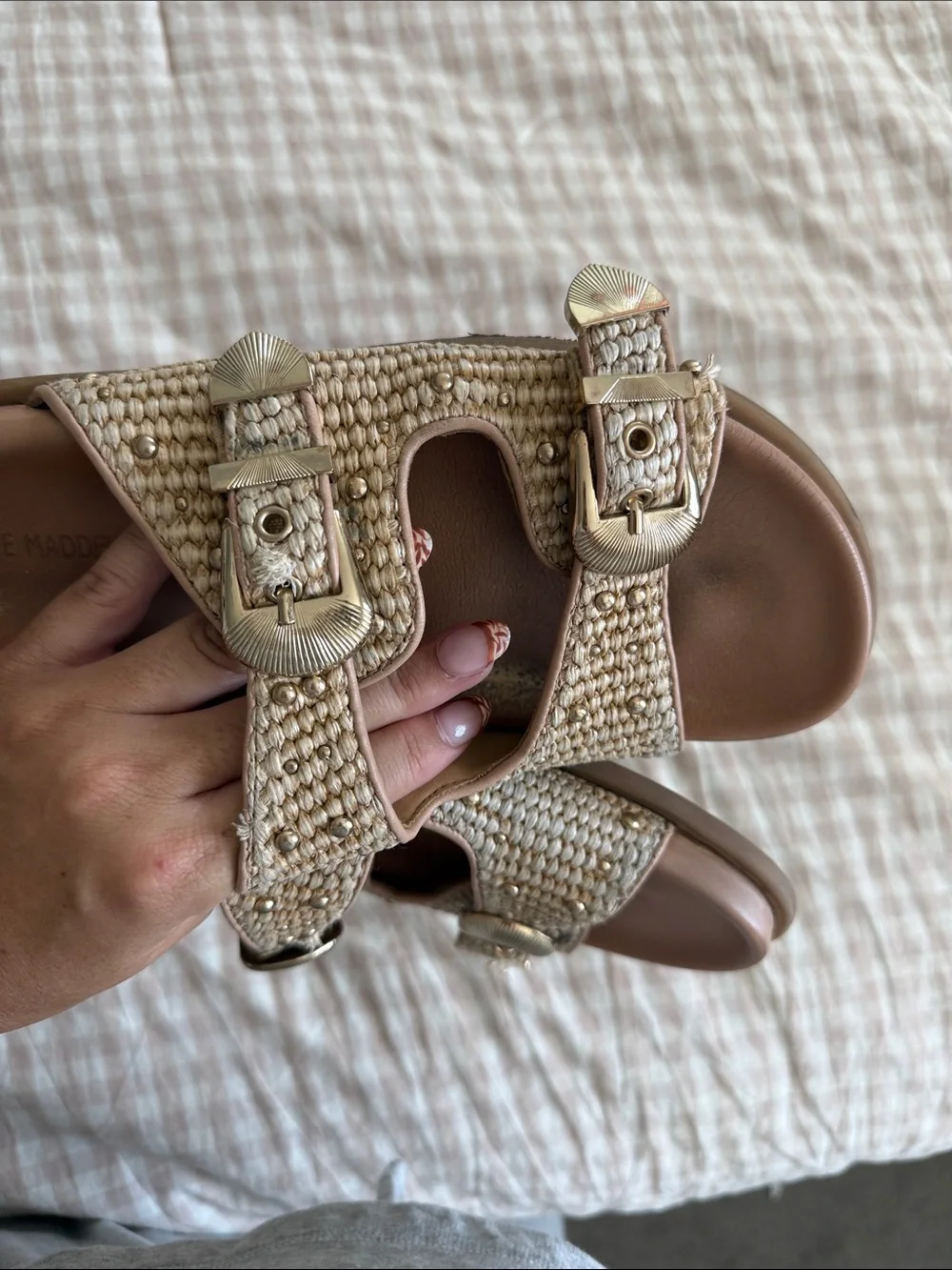 Steve Madden Beige Woven Double-Buckle Slide Sandals